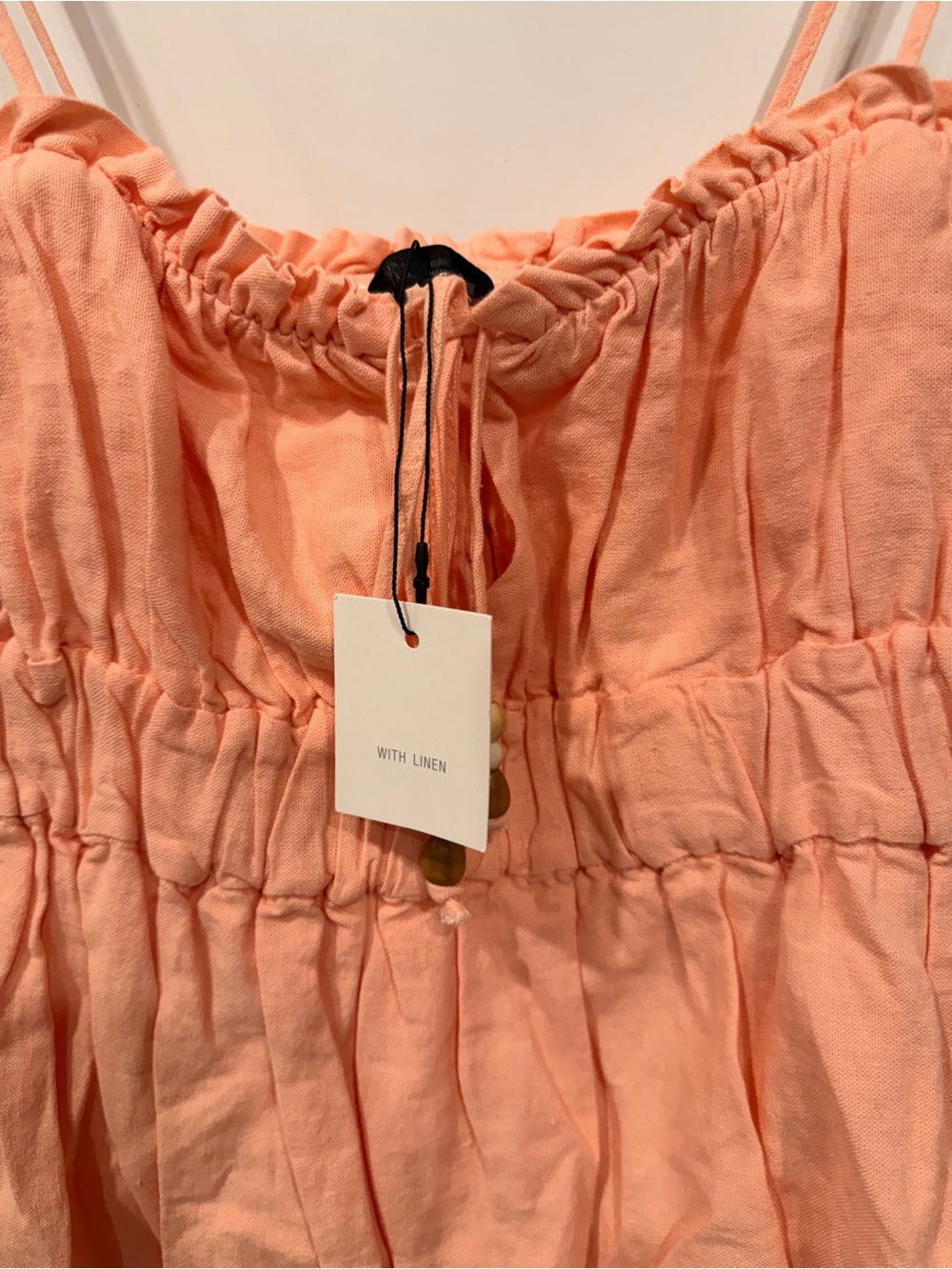 NWT Zara Linen Blend Bubble Hem Top Peach Beaded Drawstring Sz S Viral Coquette - Picture 4 of 8